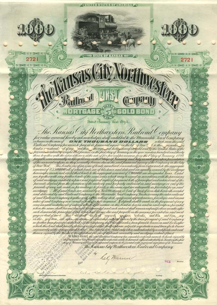 Kansas City Northwestern Railroad Co. - $1,000 Bond